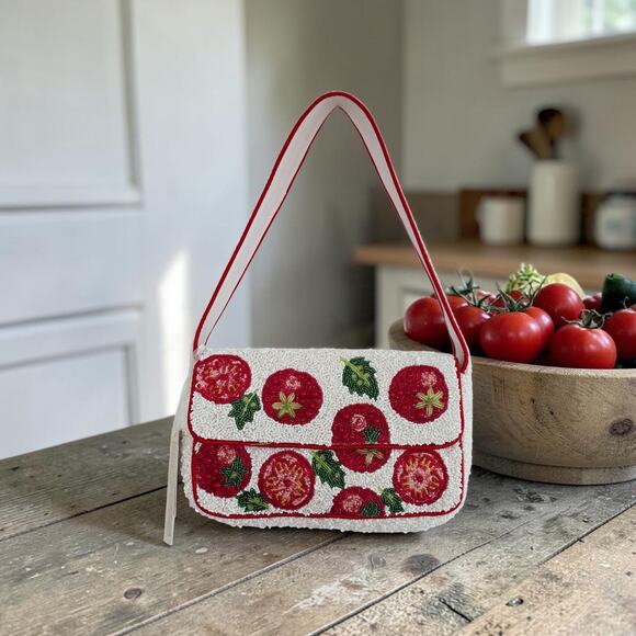 handcrafted in india Handbags - Boutique Beaded Tomato Print Shoulder Bag White Red Green